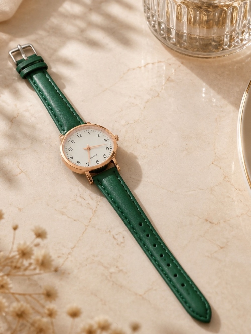 Geneva Green Leather Band w/ Gold Trim Quartz Wrist Watch Adjustable Band